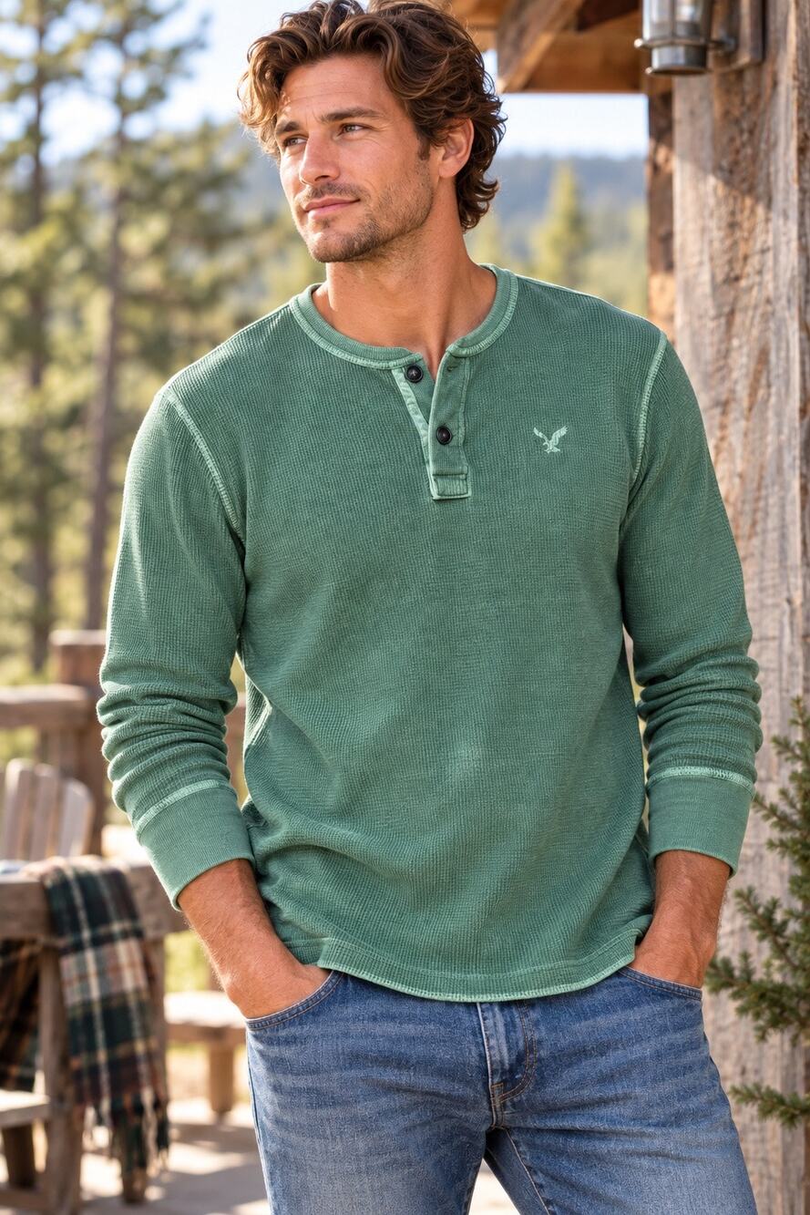American Eagle 2010 Green Waffle Knit Henley Shirt Mens XL Distressed Y2K Era
